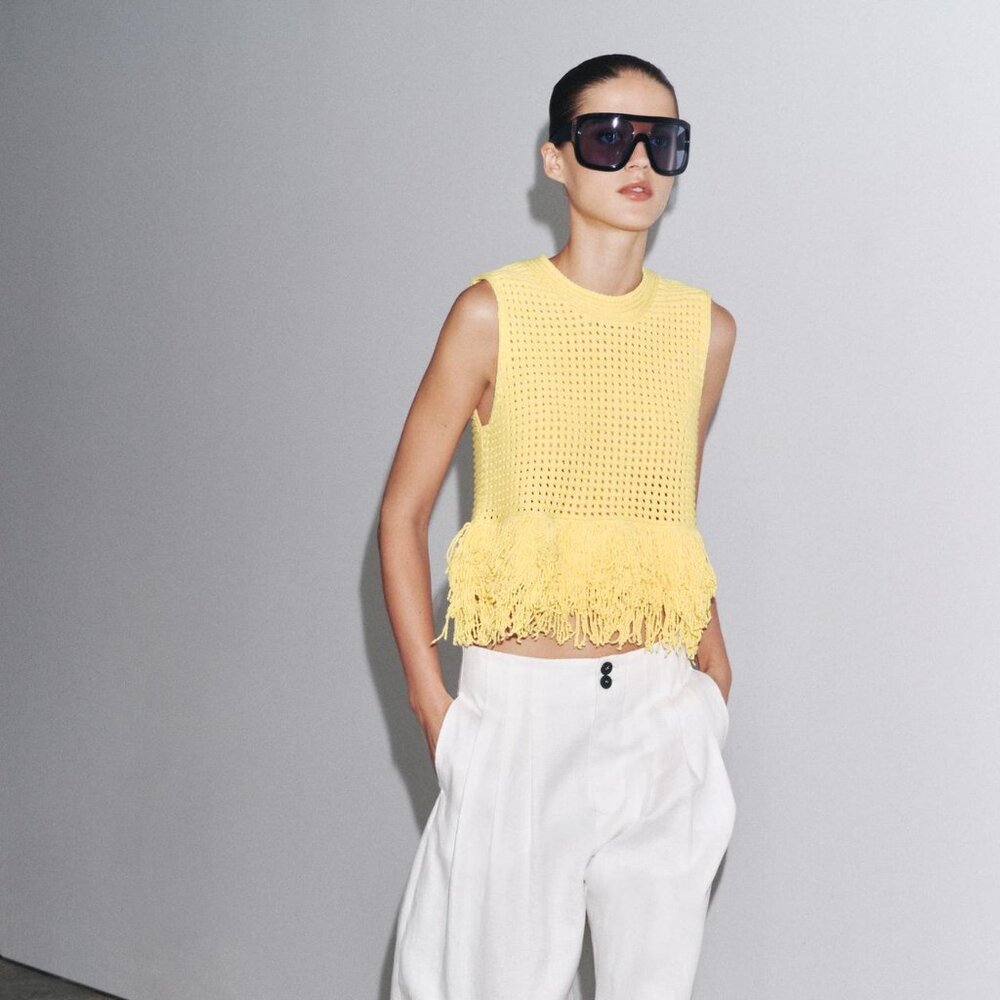 ZARA FRINGED CHECKERED KNIT TOP -NWT SIZE L